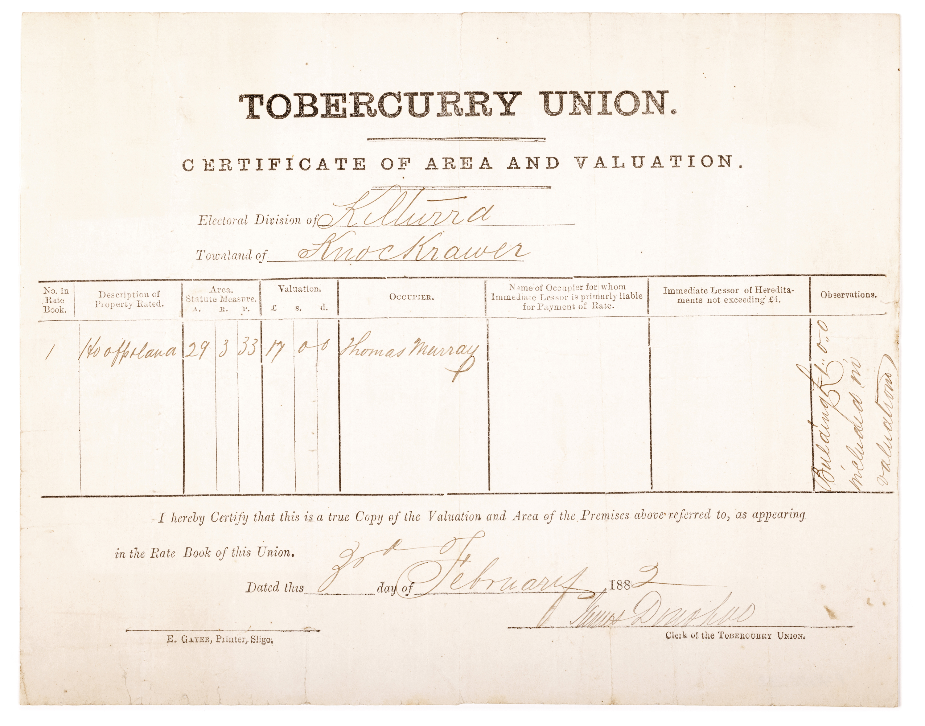 Certificate of area and valuation