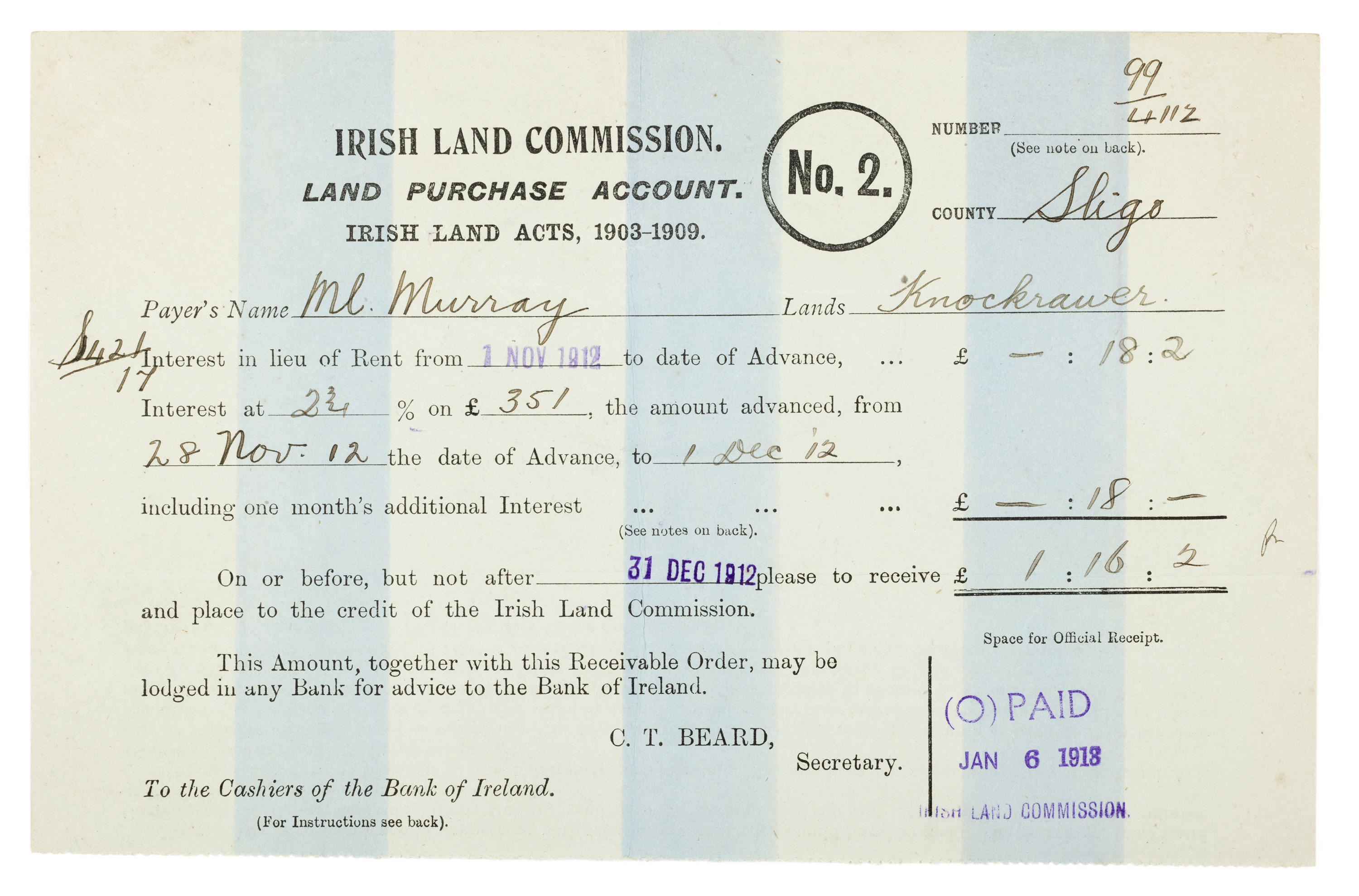 Irish Land Commission receipt