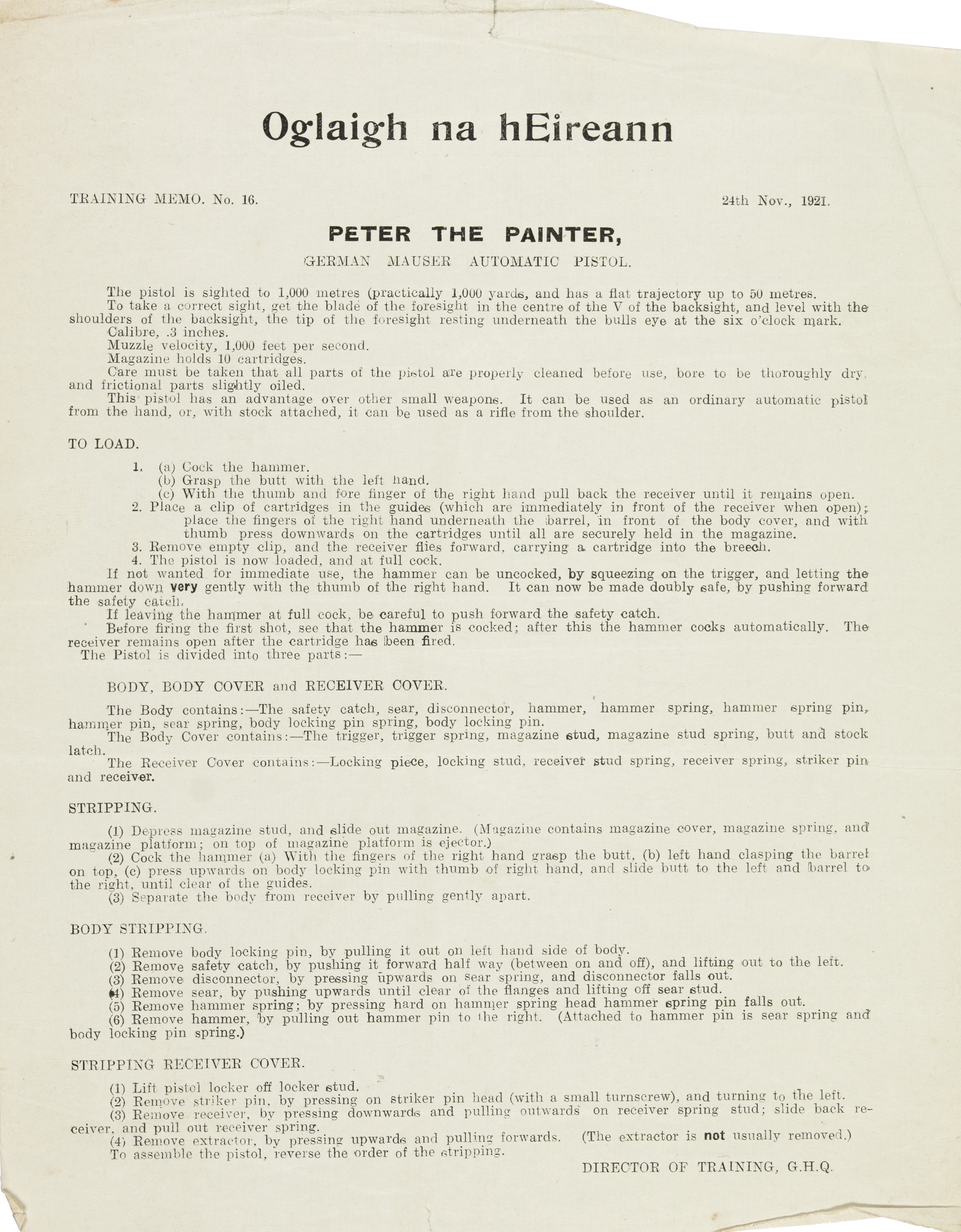 Training Memo, Peter the Painter (Mauser)