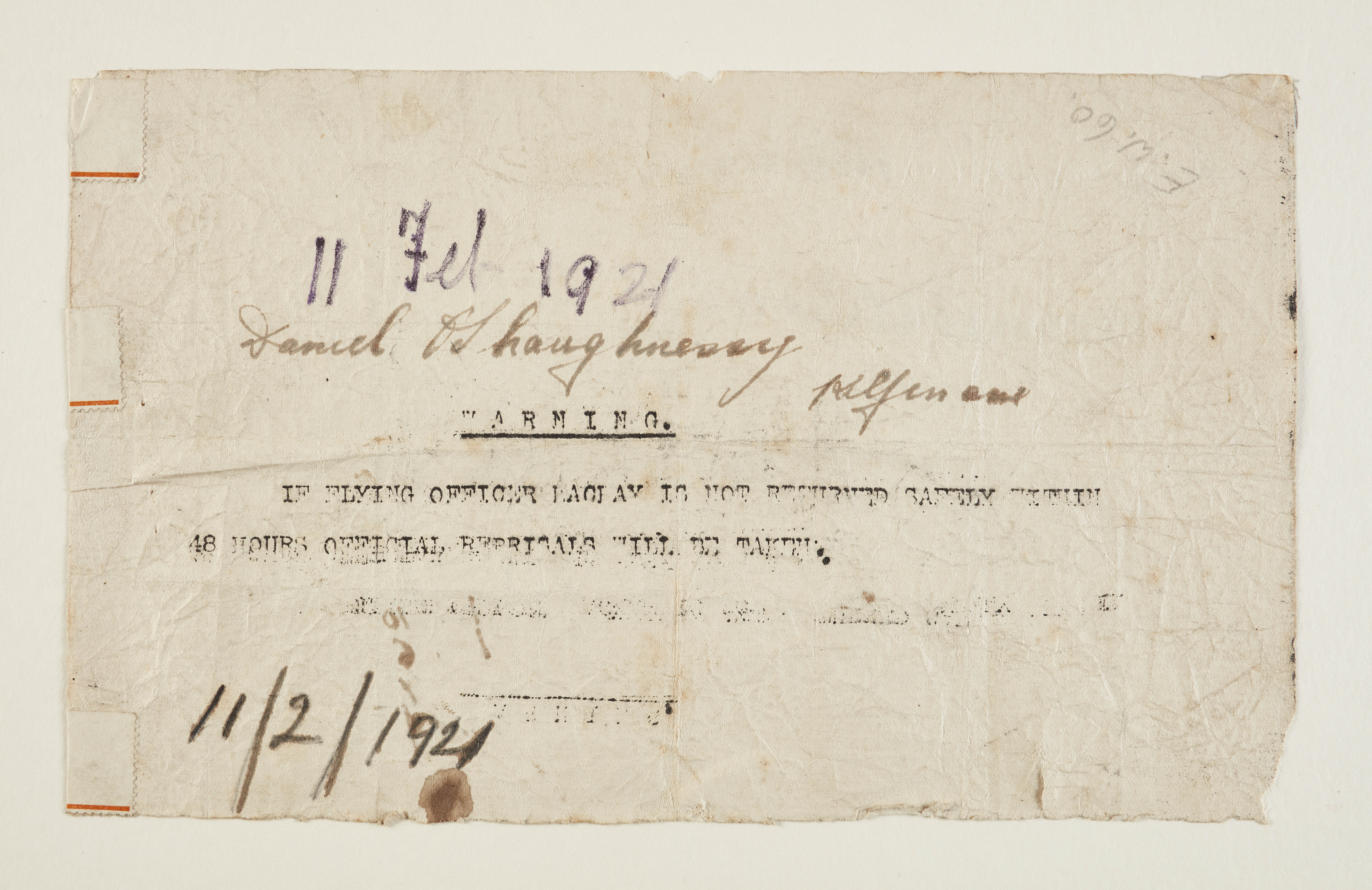 Leaflet threatening reprisals by British Forces on Kilfinane, Co. Limerick, February 1921