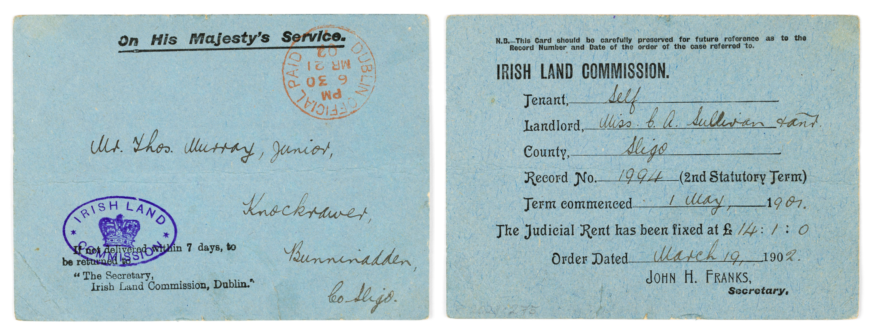 Irish Land Commission card 